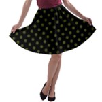 Polka Dots - Army Green on Black A-line Skater Skirt