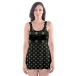 Polka Dots - Army Green on Black Skater Dress Swimsuit