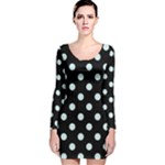 Polka Dots - Light Cyan on Black Long Sleeve Velvet Bodycon Dress