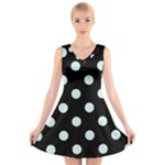 Polka Dots - Light Cyan on Black V-Neck Sleeveless Dress