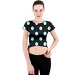 Polka Dots - Celeste Cyan on Black Crew Neck Crop Top