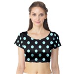 Polka Dots - Celeste Cyan on Black Short Sleeve Crop Top (Tight Fit)