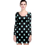 Polka Dots - Celeste Cyan on Black Long Sleeve Bodycon Dress