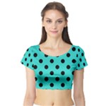 Polka Dots - Black on Turquoise Short Sleeve Crop Top (Tight Fit)