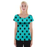 Polka Dots - Black on Cyan Women s Cap Sleeve Top