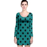 Polka Dots - Black on Teal Long Sleeve Velvet Bodycon Dress