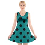 Polka Dots - Black on Teal V-Neck Sleeveless Dress