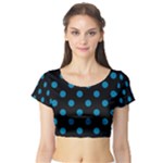 Polka Dots - Cerulean on Black Short Sleeve Crop Top (Tight Fit)