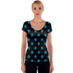 Polka Dots - Cerulean on Black Women s V-Neck Cap Sleeve Top