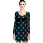 Polka Dots - Cerulean on Black Long Sleeve Velvet Bodycon Dress