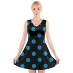 Polka Dots - Cerulean on Black V-Neck Sleeveless Dress