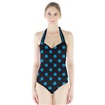 Polka Dots - Cerulean on Black Women s Halter One Piece Swimsuit