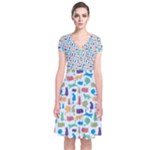 Blue Colorful Cats Silhouettes Pattern Short Sleeve Front Wrap Dress