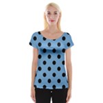 Polka Dots - Black on Iceberg Blue Women s Cap Sleeve Top