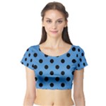 Polka Dots - Black on Steel Blue Short Sleeve Crop Top (Tight Fit)