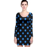 Polka Dots - Dodger Blue on Black Long Sleeve Velvet Bodycon Dress