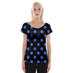 Polka Dots - Royal Blue on Black Women s Cap Sleeve Top