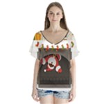 Christmas Black Santa In Fireplace V-Neck Flutter Sleeve Top