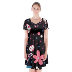 Pink ladybugs and flowers  Short Sleeve V