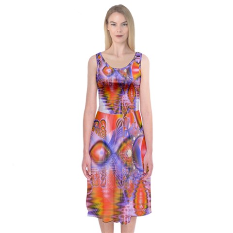 Crystal Star Dance, Abstract Purple Orange Midi Sleeveless Dress from ArtsNow.com