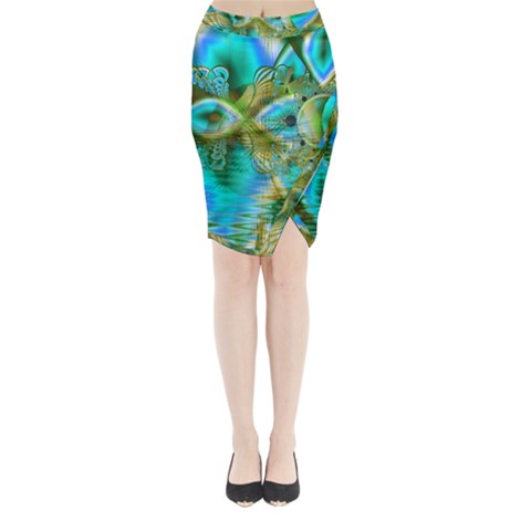 Crystal Gold Peacock, Abstract Mystical Lake Midi Wrap Pencil Skirt from ArtsNow.com