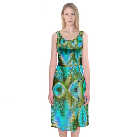 Crystal Gold Peacock, Abstract Mystical Lake Midi Sleeveless Dress from ArtsNow.com