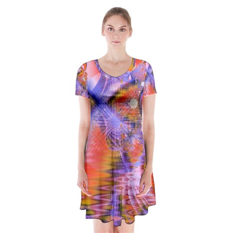 Crystal Star Dance, Abstract Purple Orange Short Sleeve V