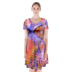 Crystal Star Dance, Abstract Purple Orange Short Sleeve V