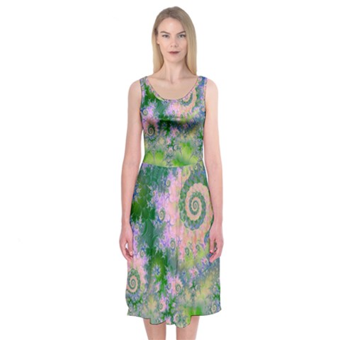 Rose Apple Green Dreams, Abstract Water Garden Midi Sleeveless Dress from ArtsNow.com