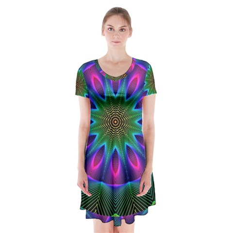 Star Of Leaves, Abstract Magenta Green Forest Short Sleeve V