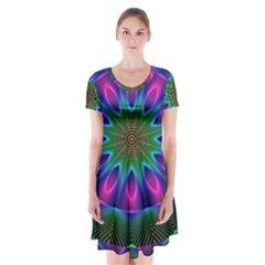 Star Of Leaves, Abstract Magenta Green Forest Short Sleeve V