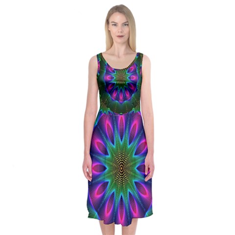 Star Of Leaves, Abstract Magenta Green Forest Midi Sleeveless Dress from ArtsNow.com