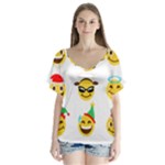 Xmas Emoji Happy Faces V-Neck Flutter Sleeve Top