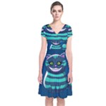 blue Cheshire Cat Short Sleeve Front Wrap Dress