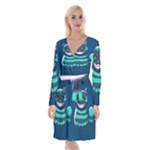 blue Cheshire Cat Long Sleeve Velvet Front Wrap Dress