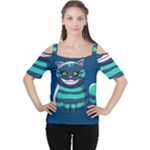 blue Cheshire Cat Women s Cutout Shoulder Tee