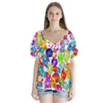 rainbow rhinestones V-Neck Flutter Sleeve Top