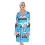 blue Delorean Long Sleeve Velvet Front Wrap Dress