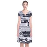 Creepy Newspaper Short Sleeve Front Wrap Dress