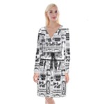 Creepy Newspaper Long Sleeve Velvet Front Wrap Dress