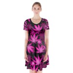 Dark Pink Cannabis Marijuana Short Sleeve V-neck Flare Dress