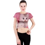 pink fluffy kitten Crew Neck Crop Top