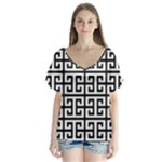 Black white Greek Key V-Neck Flutter Sleeve Top