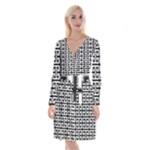 Black white Greek Key Long Sleeve Velvet Front Wrap Dress