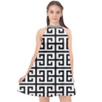 Black white Greek Key Halter Neckline Chiffon Dress 