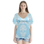 Blue Victorian Skulls V-Neck Flutter Sleeve Top