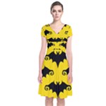 yellow bats Short Sleeve Front Wrap Dress