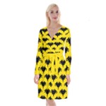 yellow bats Long Sleeve Velvet Front Wrap Dress