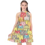 Cute Xmas Cats Halter Neckline Chiffon Dress 