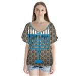 black happy Hanukkah V-Neck Flutter Sleeve Top